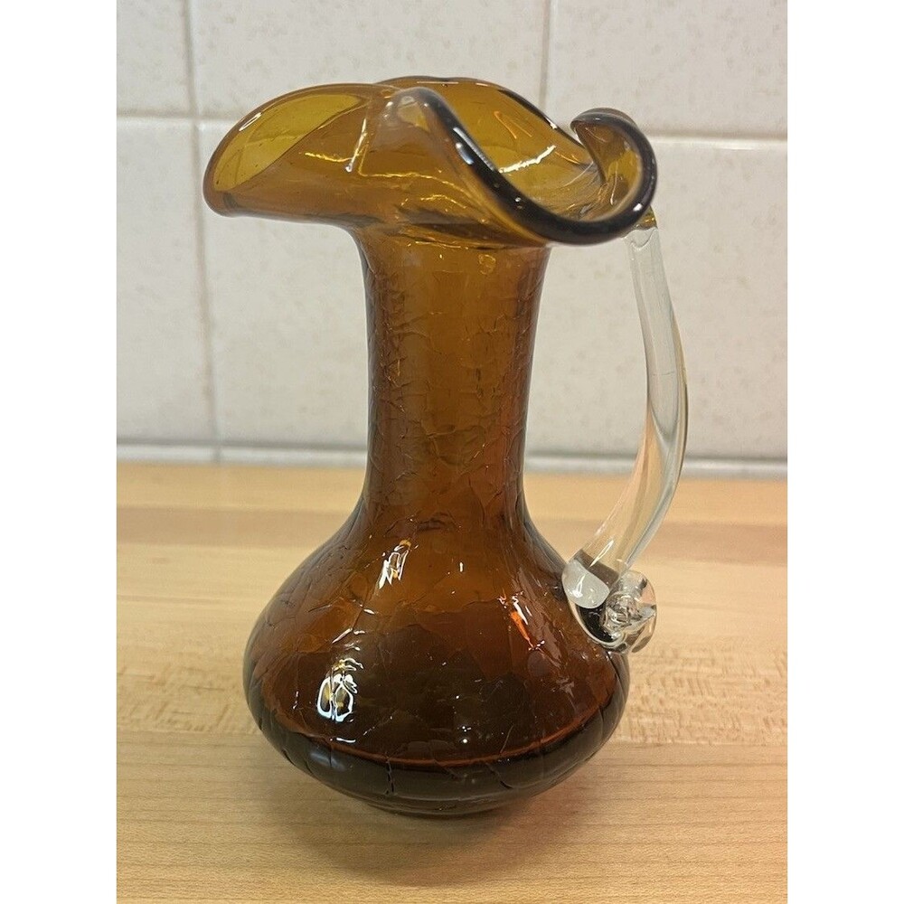 Vtg MCM Pilgrim Amber Crackle Glass 5 Inch Pitcher Vase Ruffled Rim Clear Handle